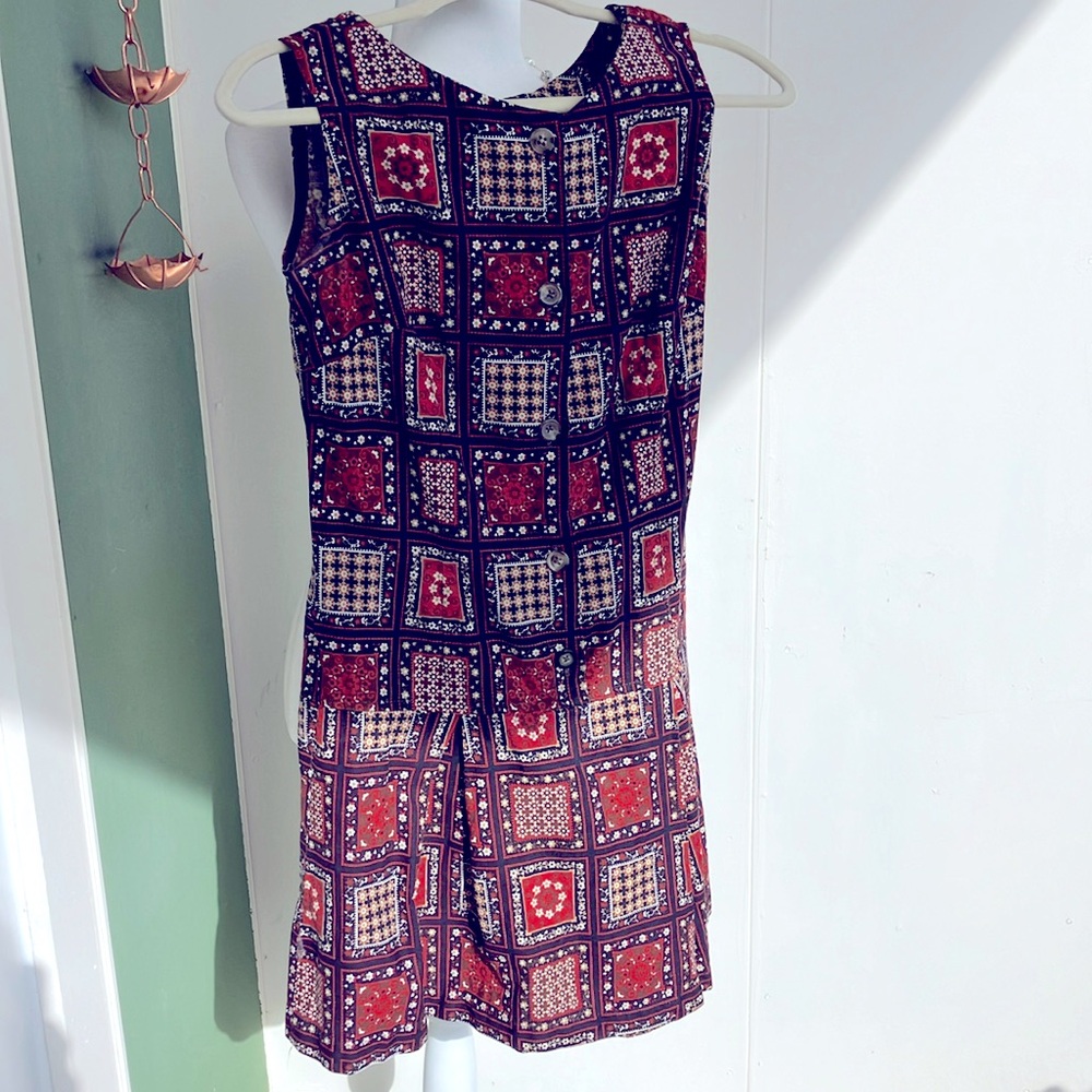 Vintage 60s 70s Brown and Black Geometric Trippy Hippie Patchwork Romper